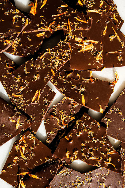 Homemade Chocolate Bark with Calendula Petals and Orange Zest