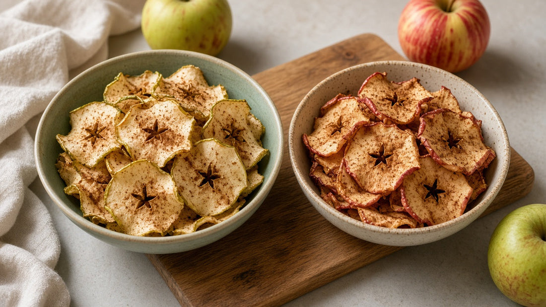 Two bowls of homemade apple crisps, Bramley and Cox, with fresh apples