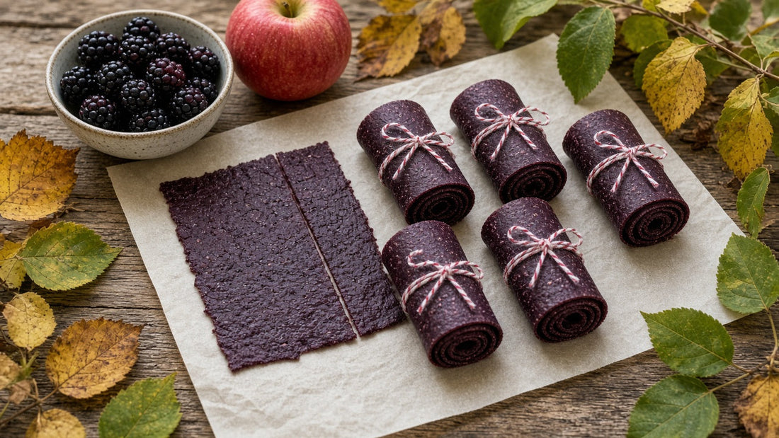 Rolls of blackberry and apple fruit leather tied with string, with blackberries and an apple