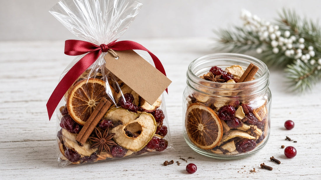 Christmas simmer pot gift mix of dried orange, apple, cranberries and cinnamon in a gift bag and jar