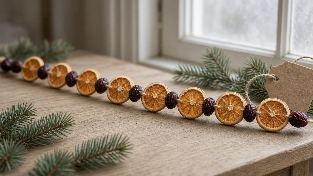 Garland of dried orange slices and dried cranberries on a windowsill with pine sprigs