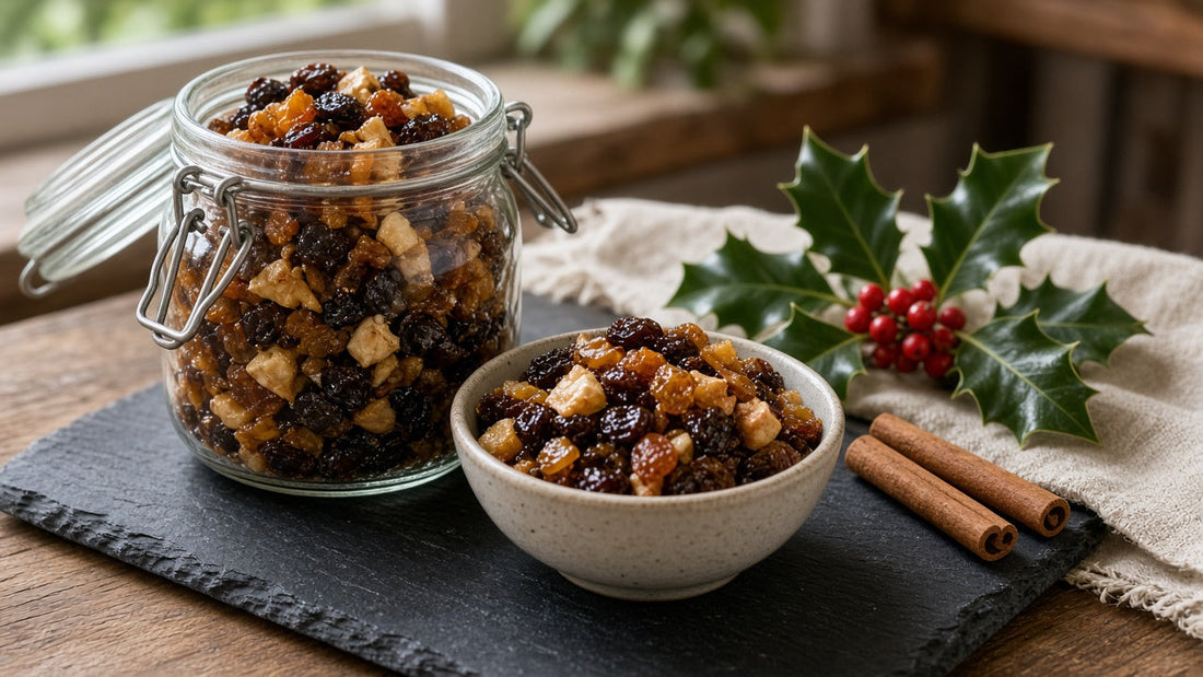 Jar and bowl of homemade mincemeat with dried fruit, holly and cinnamon sticks
