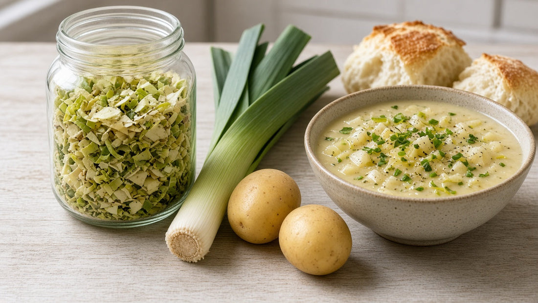 Jar of dried leek and potato soup mix with fresh leeks, potatoes and a bowl of soup
