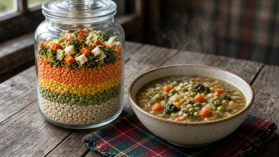 Layered jar of Scotch broth dry mix with barley, split peas, lentils and dried vegetables, beside a bowl of broth