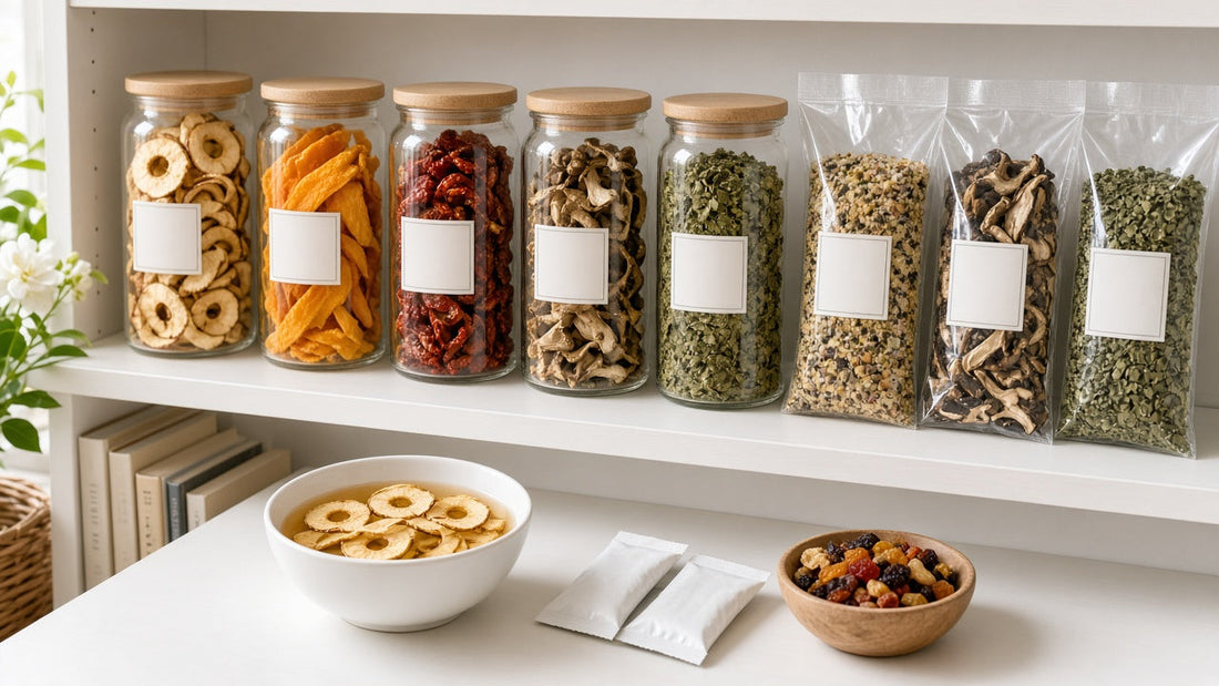 Labelled jars and bags of home-dried fruit, vegetables and herbs on a pantry shelf