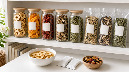 Labelled jars and bags of home-dried fruit, vegetables and herbs on a pantry shelf